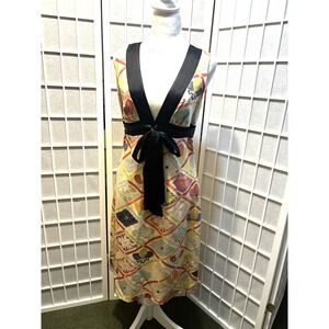 Trina Turk Multicolor Floral Print V-Neck Tie-Waist Dress with Black Trim Size 6